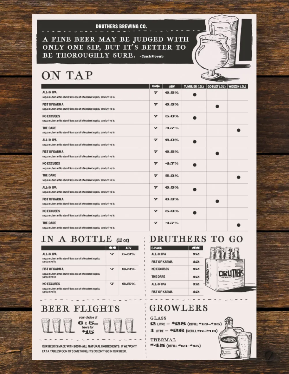 Druthers Brewing Co. Beer Menu Design | Brewery Beer Menu Design | Brewery Branding