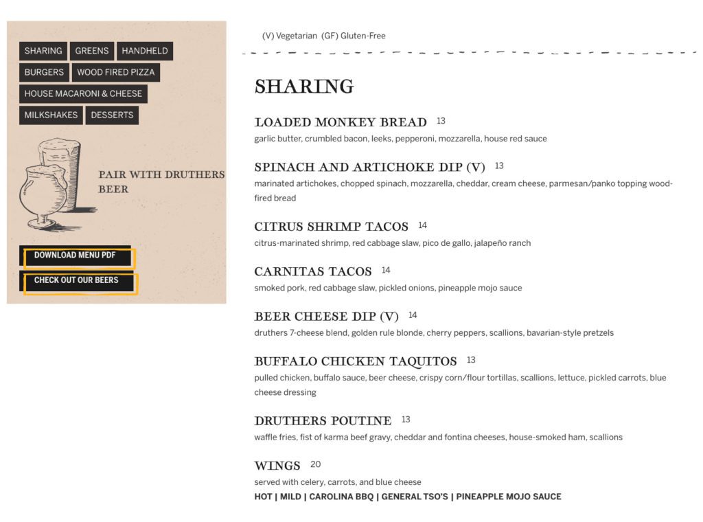 Druthers Brewery Menu Module | Brewery Web Design