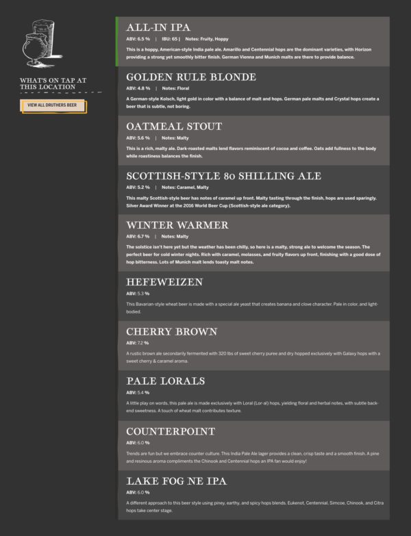 Druthers Brewery Untappd Integration Tap List Module | Brewery Web Design