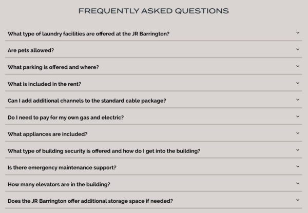 JR Barrington Website FAQs Module | Real Estate Web Design | Property Web Design