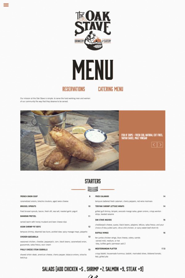 The Oak Stave Restaurant Website Menu Page | Restaurant Web Design