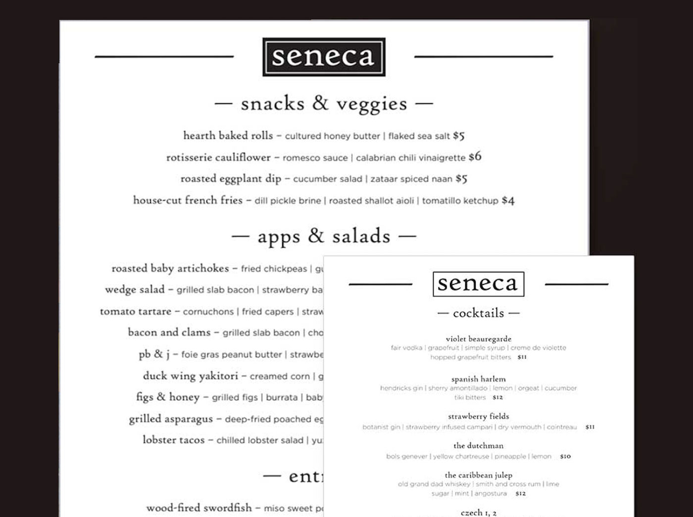 Seneca Restaurant Menu Design | Restaurant Graphic Design | Restaurant Branding
