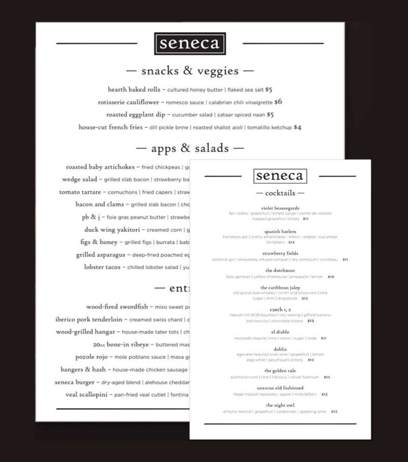 Seneca Restaurant Menu Design | Restaurant Graphic Design | Restaurant Branding