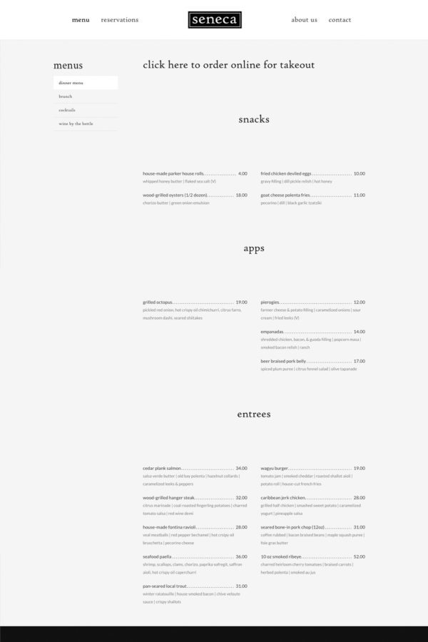 Seneca Restaurant Website Menu Page | Restaurant Web Design