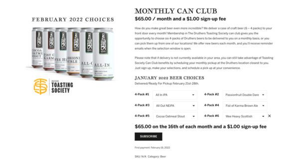 Druthers Brewing Co Can Club System | Brewery Can Subscription | Brewery Website